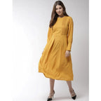 Seduva Women's Polyester Pintuck Long Sleeves Below Knee Dress (Yellow)