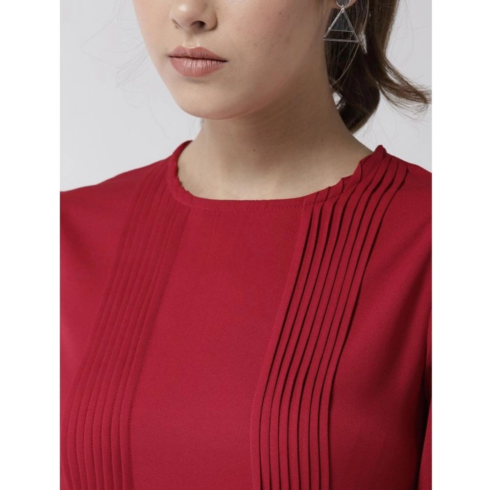 Seduva Women's Polyester Pintuck Long Sleeves Below Knee Dress (Red)