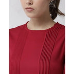 Seduva Women's Polyester Pintuck Long Sleeves Below Knee Dress (Red)