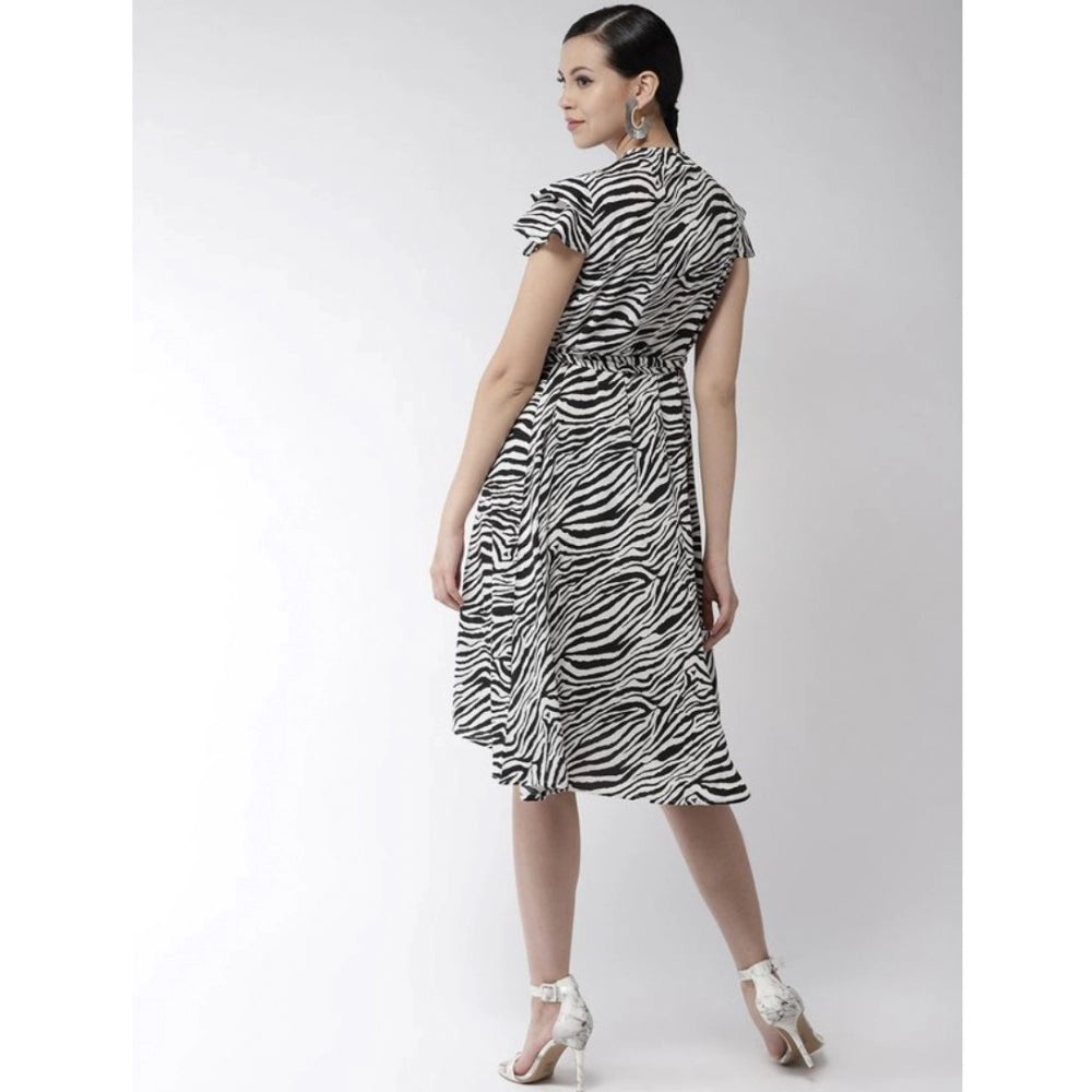 Seduva Women's Polyester Animal Print Short Sleeve Knee-Length Dress (Black - White)