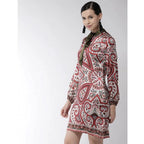 Seduva Women's Polyester Printed Long Sleeves Above Knee Dress (Red)