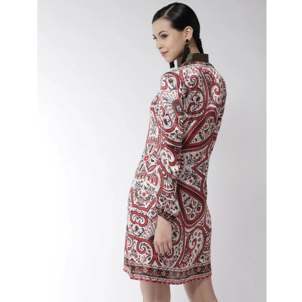 Seduva Women's Polyester Printed Long Sleeves Above Knee Dress (Red)