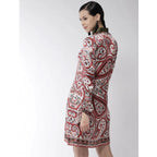 Seduva Women's Polyester Printed Long Sleeves Above Knee Dress (Red)