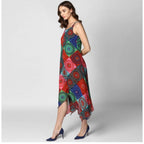 Seduva Women's Polyester Asymmetrical Shoulder Straps Knee-Length Dress (Multicolor)