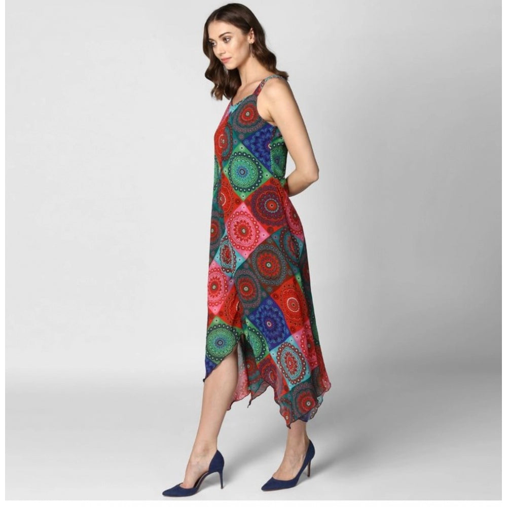 Seduva Women's Polyester Asymmetrical Shoulder Straps Knee-Length Dress (Multicolor)