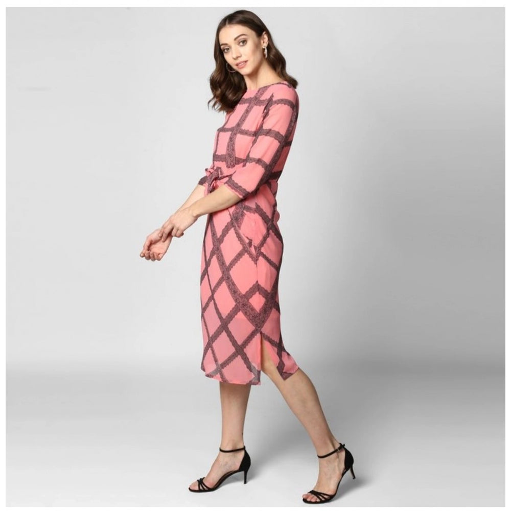 Seduva Women's Polyester Checkered 3-4th Sleeves Below Knee Dress (Pink - Black)
