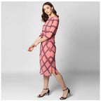 Seduva Women's Polyester Checkered 3-4th Sleeves Below Knee Dress (Pink - Black)
