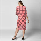 Seduva Women's Polyester Checkered 3-4th Sleeves Below Knee Dress (Pink - Black)