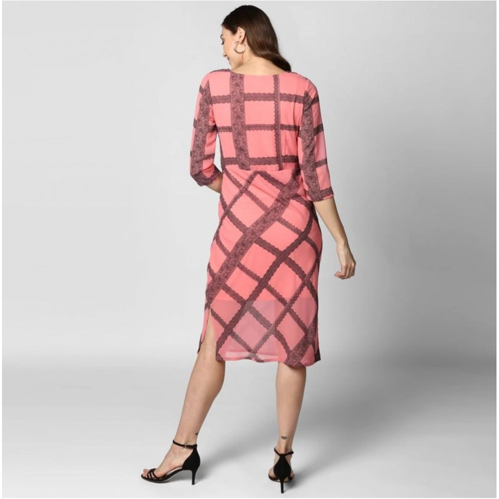 Seduva Women's Polyester Checkered 3-4th Sleeves Below Knee Dress (Pink - Black)