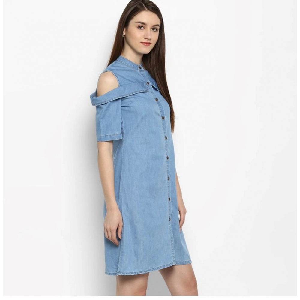 Seduva Women's Denim Solid Cold Shoulder Above Knee Dress (Blue)