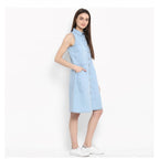 Seduva Women's Denim Solid Sleeveless Below Knee Dress (Blue)