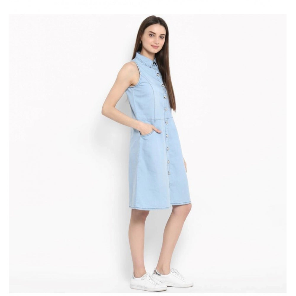 Seduva Women's Denim Solid Sleeveless Below Knee Dress (Blue)