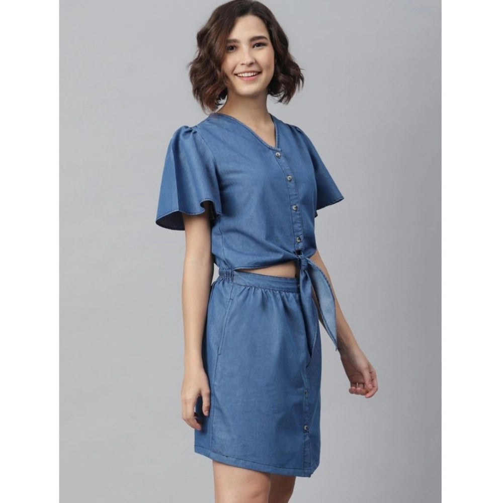 Seduva Women's Denim Solid Flutter Above Knee Dress (Blue)