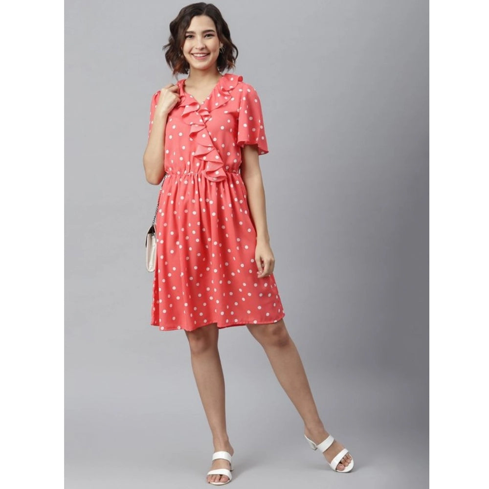 Seduva Women's Polyester Polka Flutter Above Knee Dress (Coral)