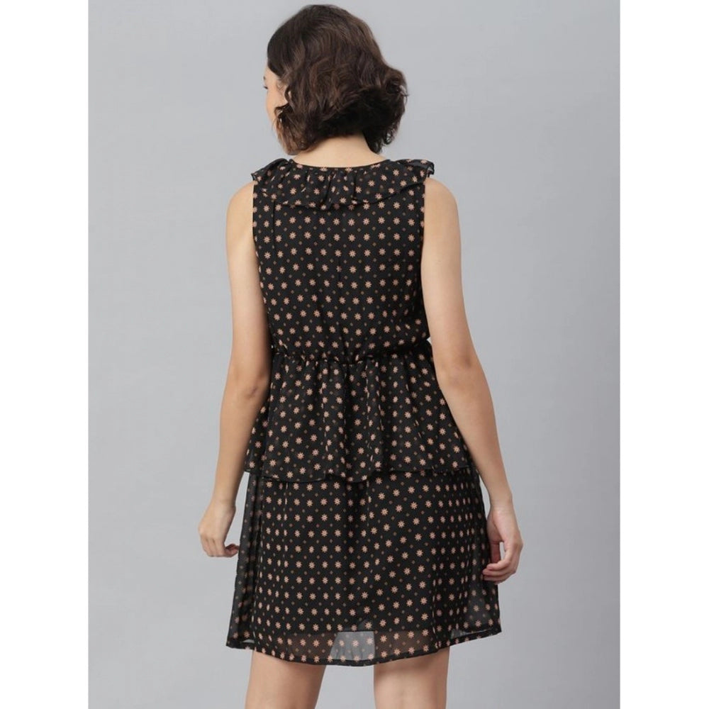Seduva Women's Polyester Peplum Sleeveless Above Knee Dress (Black)