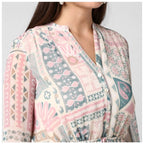 Seduva Women's Polyester Printed Long Sleeves Above Knee Dress (Light Pink - Off White)