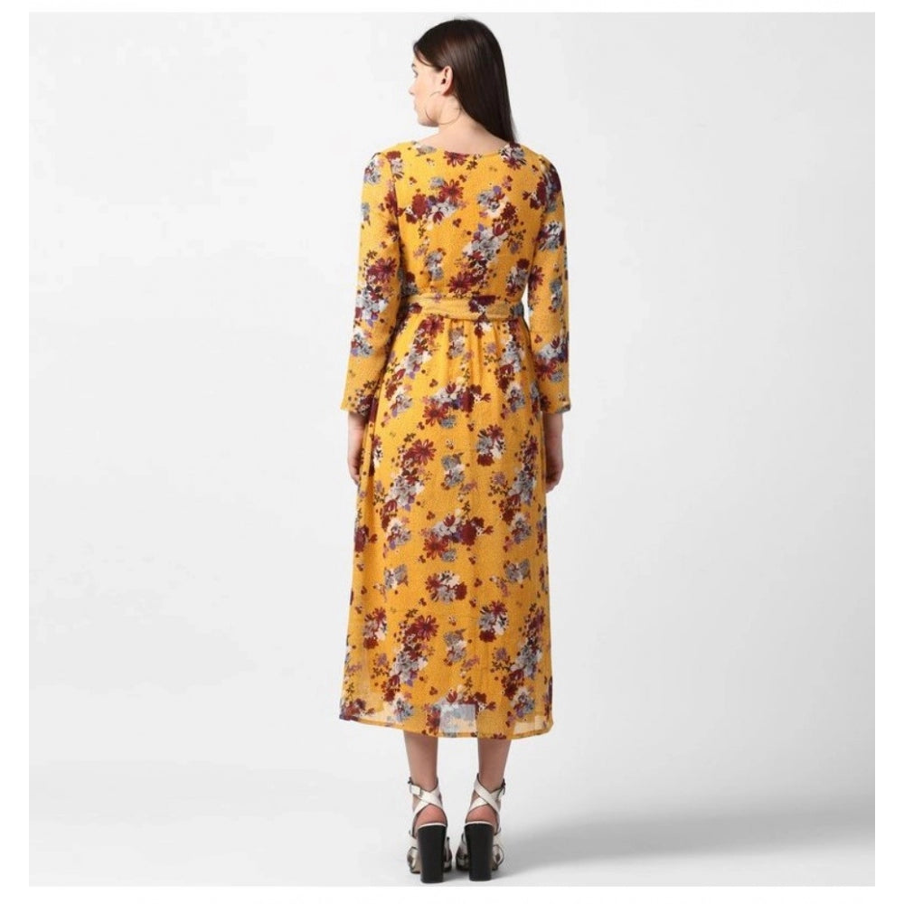 Seduva Women's Polyester Floral Long Sleeves Calf-length Dress (Yellow)
