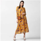 Seduva Women's Polyester Floral Long Sleeves Calf-length Dress (Yellow)
