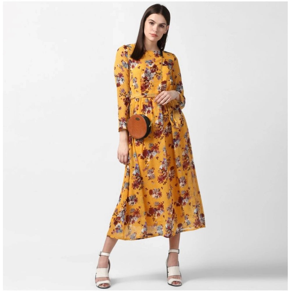 Seduva Women's Polyester Floral Long Sleeves Calf-length Dress (Yellow)