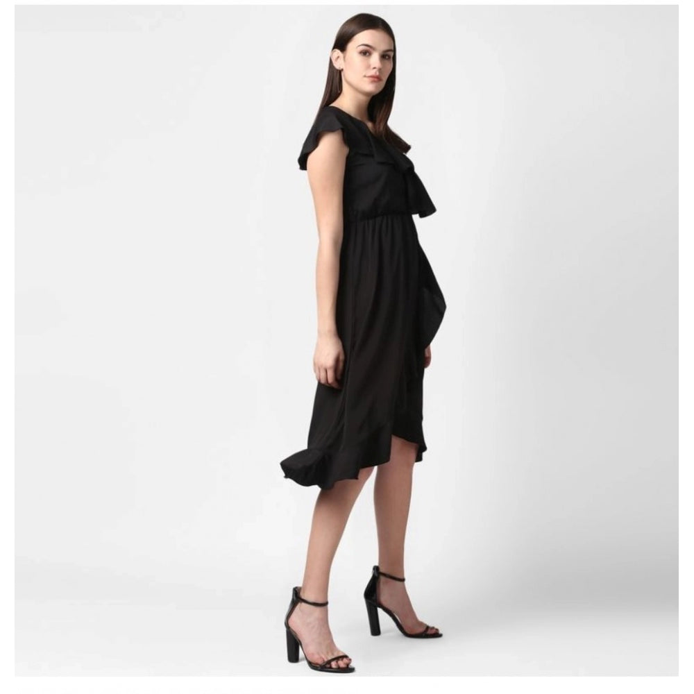 Seduva Women's Polyester Ruffled Cap Sleeve Knee-Length Dress (Black)