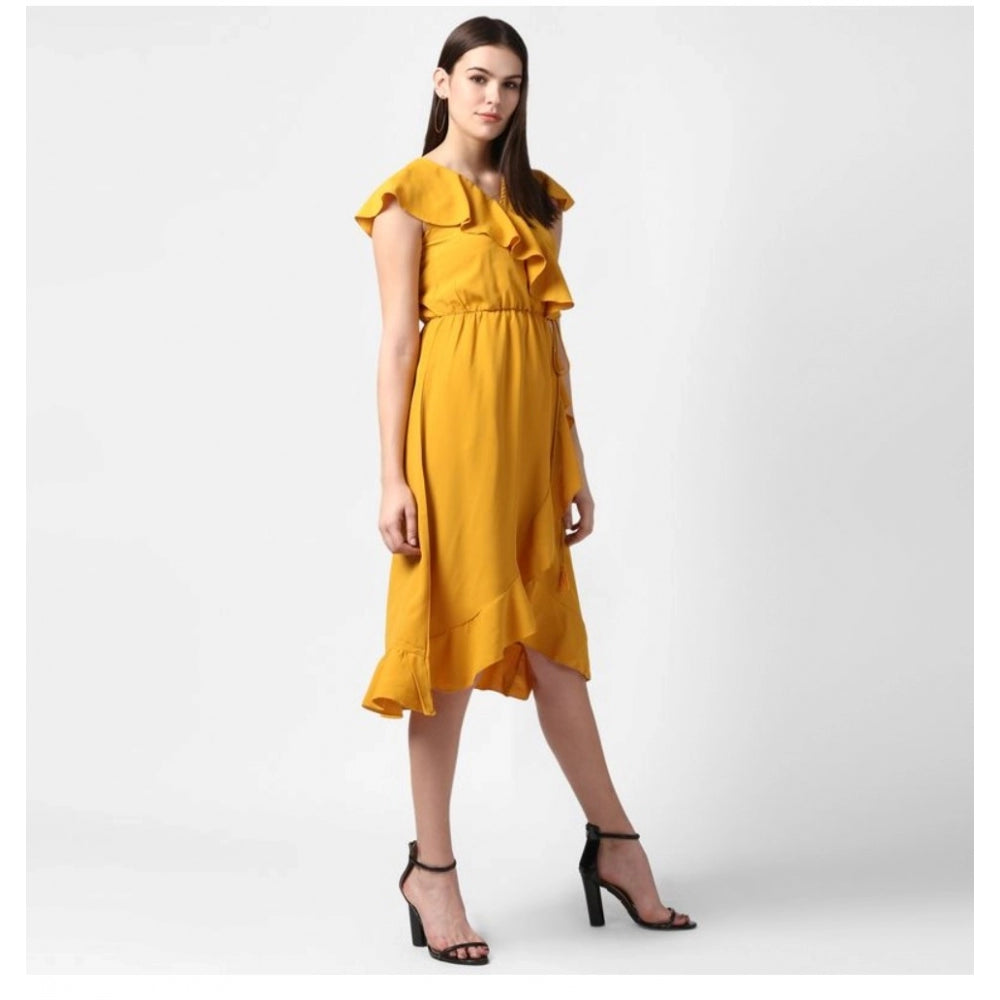 Seduva Women's Polyester Ruffled Cap Sleeve Knee-Length Dress (Yellow)