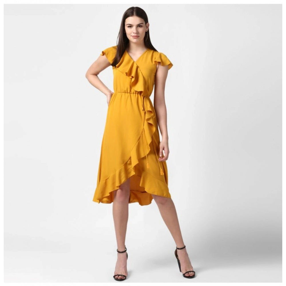 Seduva Women's Polyester Ruffled Cap Sleeve Knee-Length Dress (Yellow)