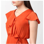 Seduva Women's Polyester Ruffled Cap Sleeve Knee-Length Dress (Orange)