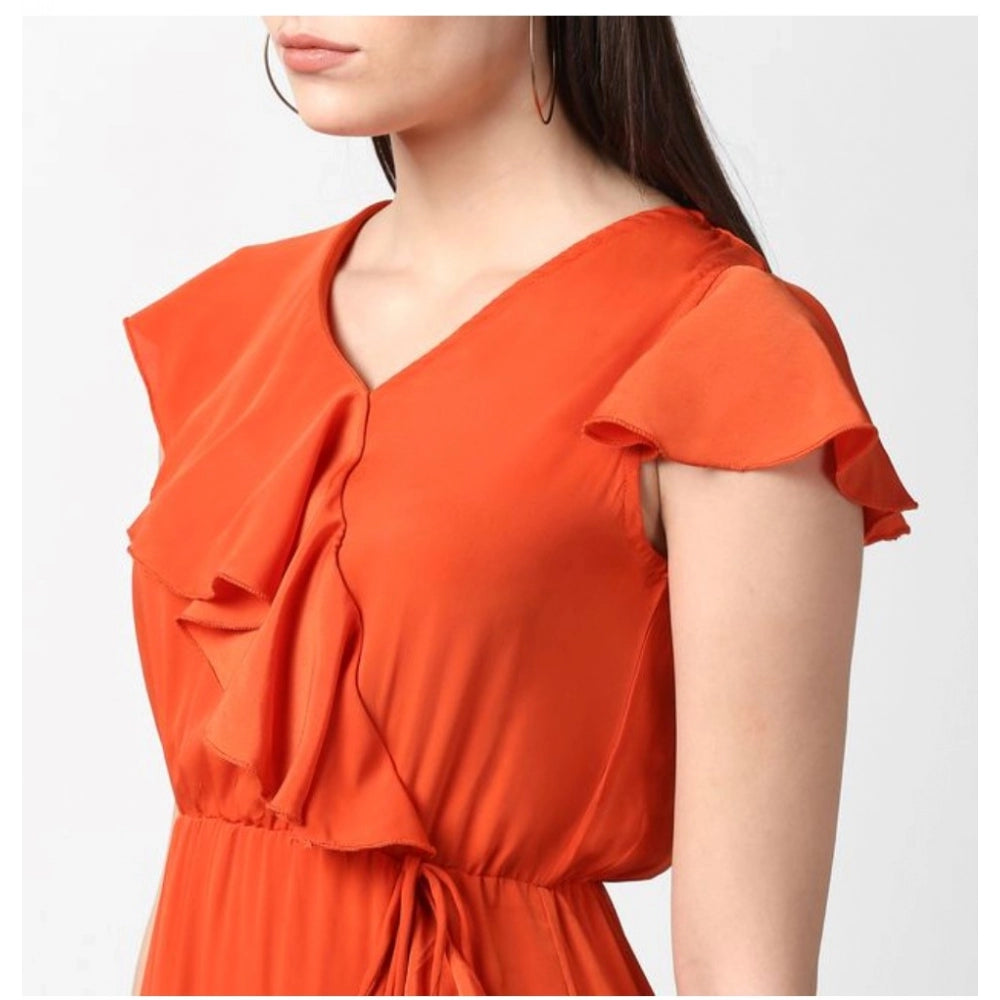 Seduva Women's Polyester Ruffled Cap Sleeve Knee-Length Dress (Orange)