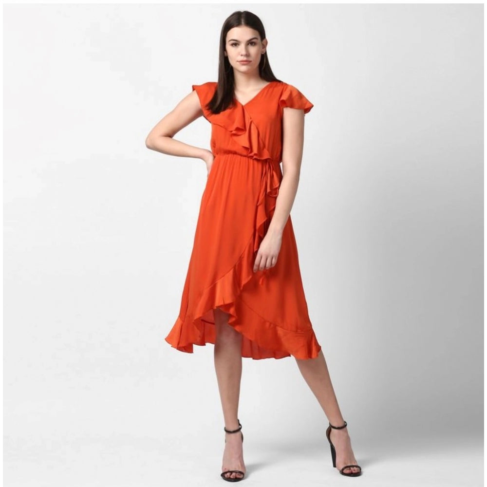 Seduva Women's Polyester Ruffled Cap Sleeve Knee-Length Dress (Orange)