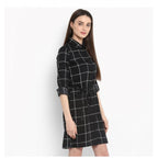 Seduva Women's Polyester Checkered Roll Up Sleeve Above Knee Dress (Black - White)