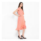 Seduva Women's Polyester Ruffled Cap Sleeve Below Knee Dress (Neon Pink)