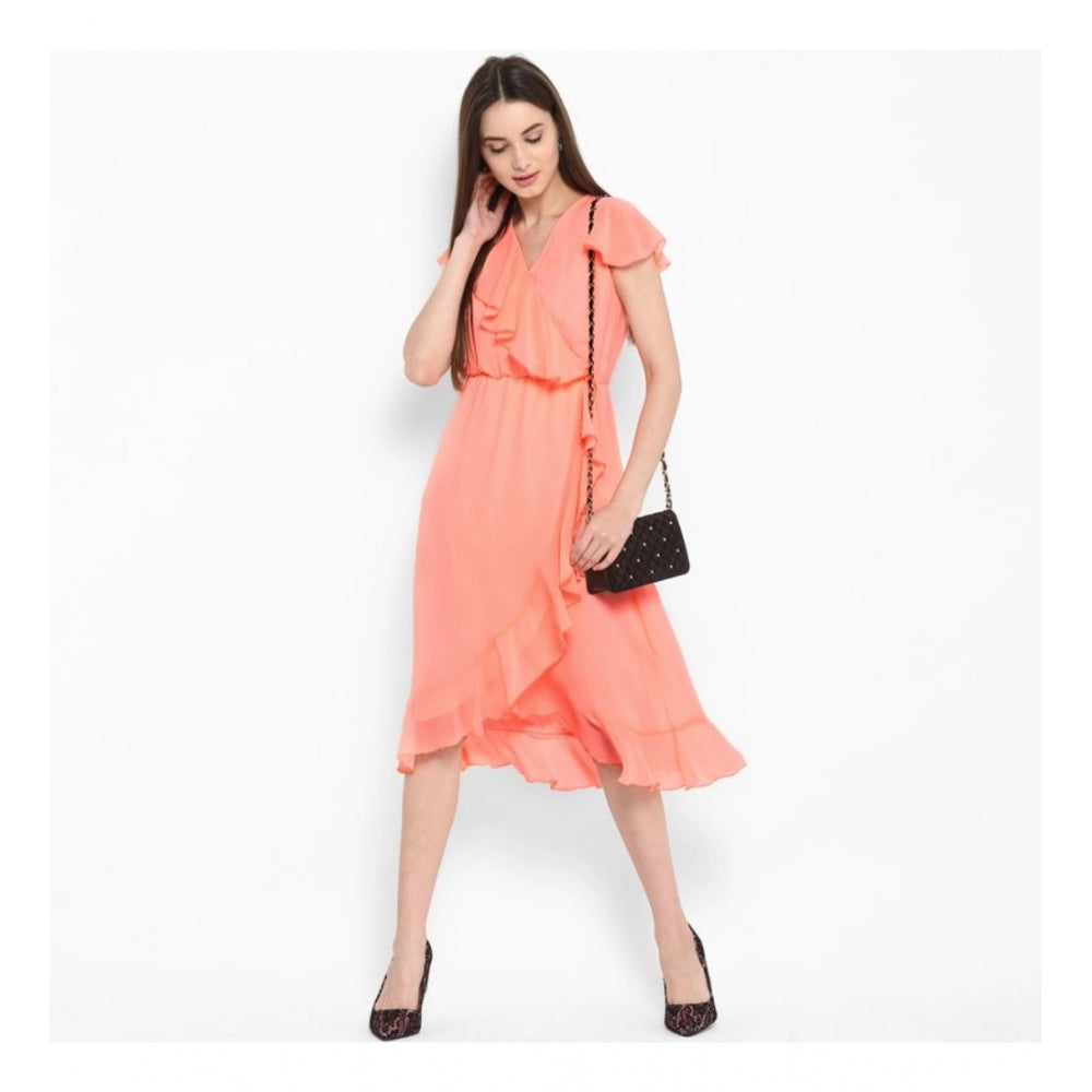 Seduva Women's Polyester Ruffled Cap Sleeve Below Knee Dress (Neon Pink)
