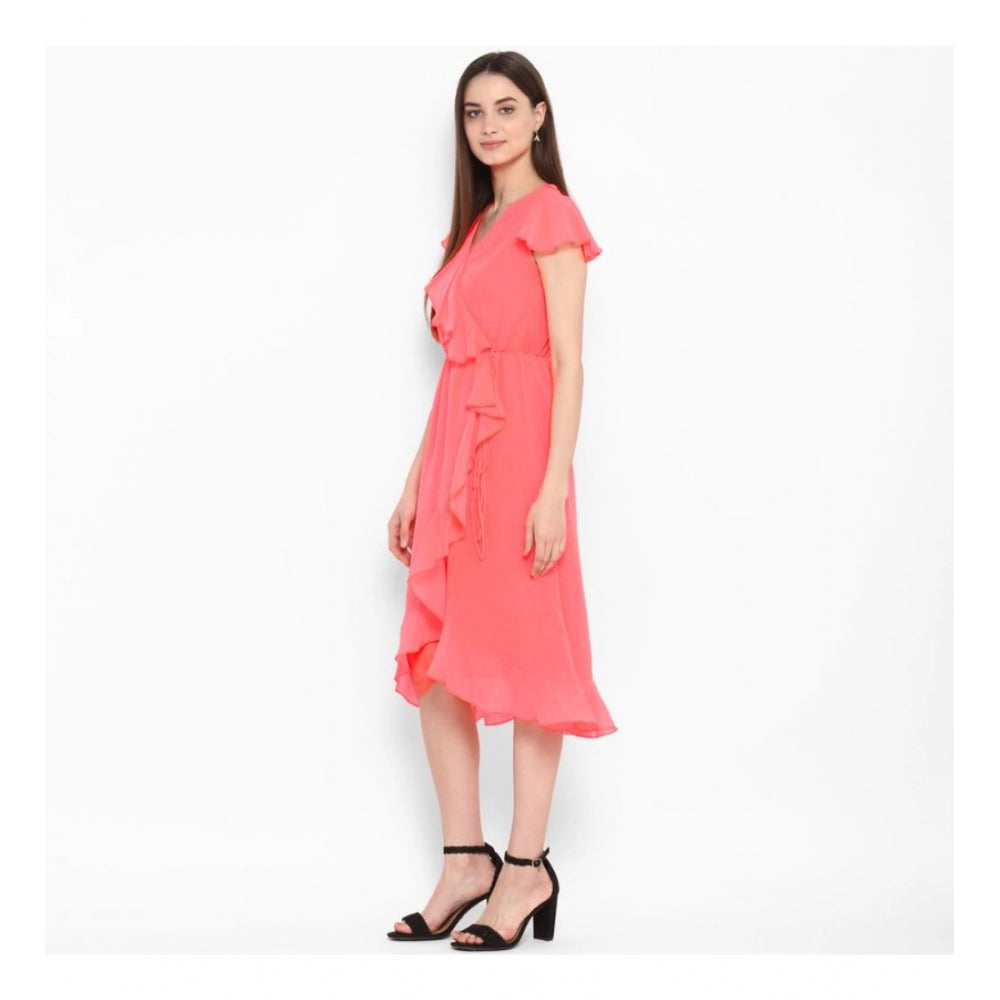Seduva Women's Polyester Ruffled Cap Sleeve Below Knee Dress (Coral Pink)
