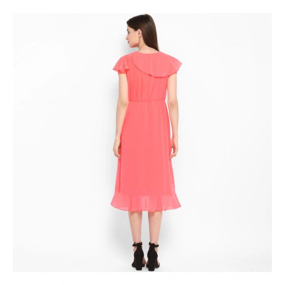 Seduva Women's Polyester Ruffled Cap Sleeve Below Knee Dress (Coral Pink)