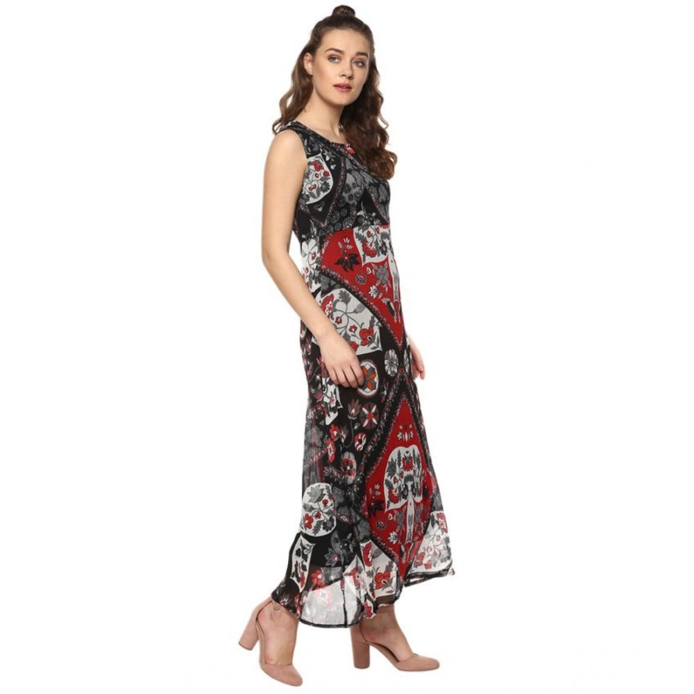 Seduva Women's Polyester Printed Sleeveless Dress (Red - Black)