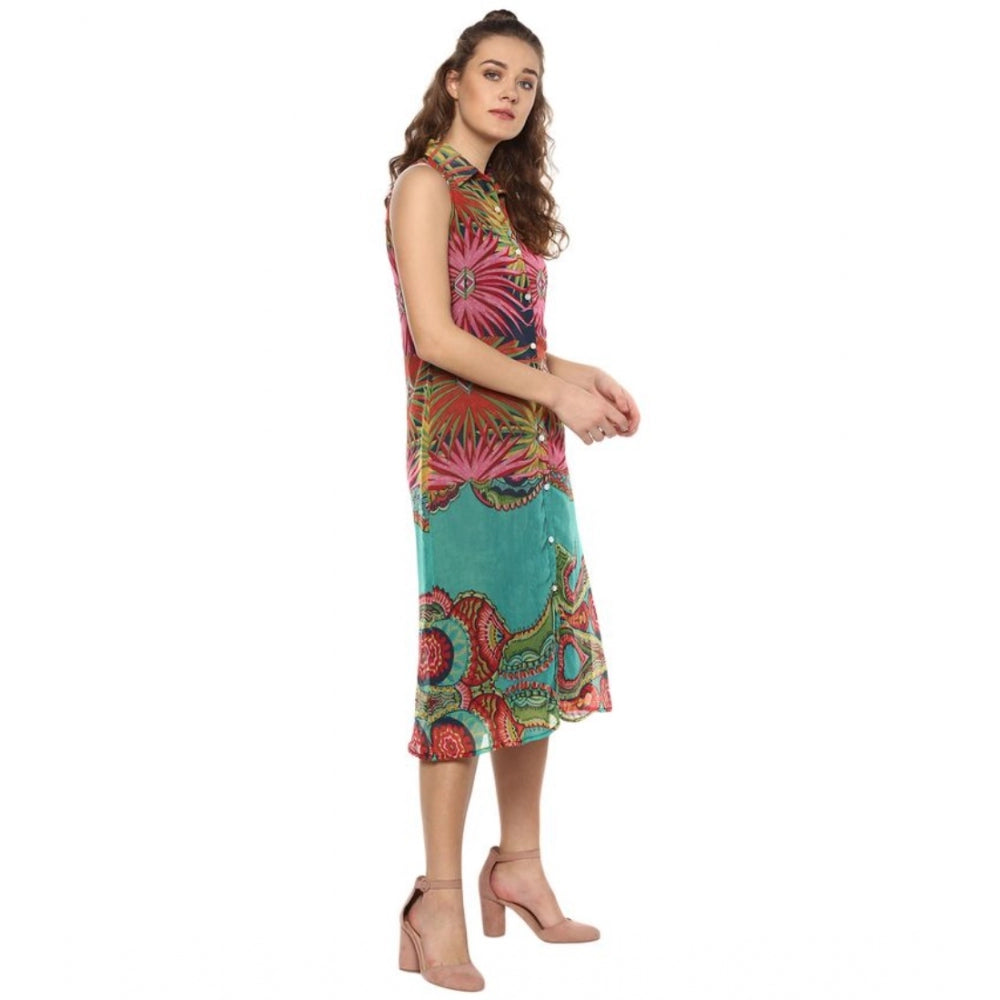 Seduva Women's Polyester Floral Sleeveless Below Knee Dress (Multicolor)