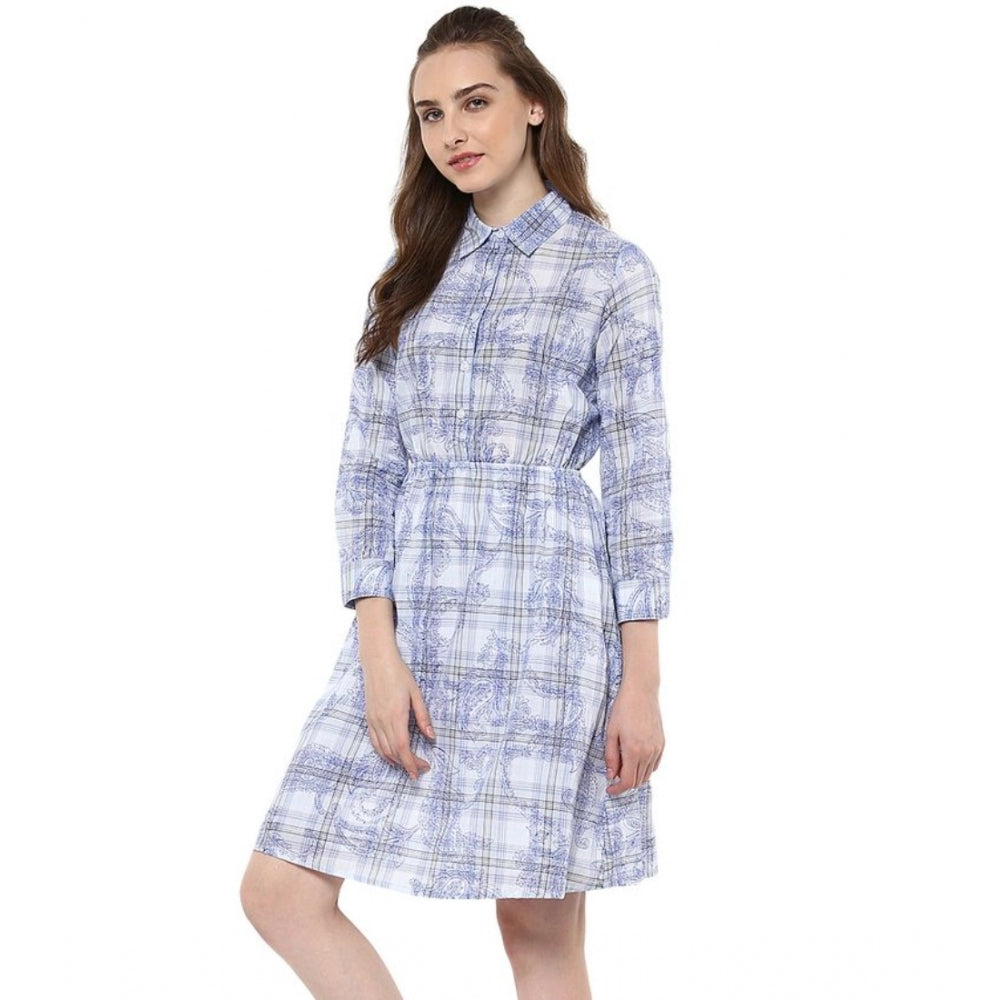 Seduva Women's Cotton Checkered Roll Up Sleeve Above Knee Dress (Blue)