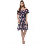 Seduva Women's Polyester Crepe Floral Half Sleeve Above Knee Dress (Navy Blue)