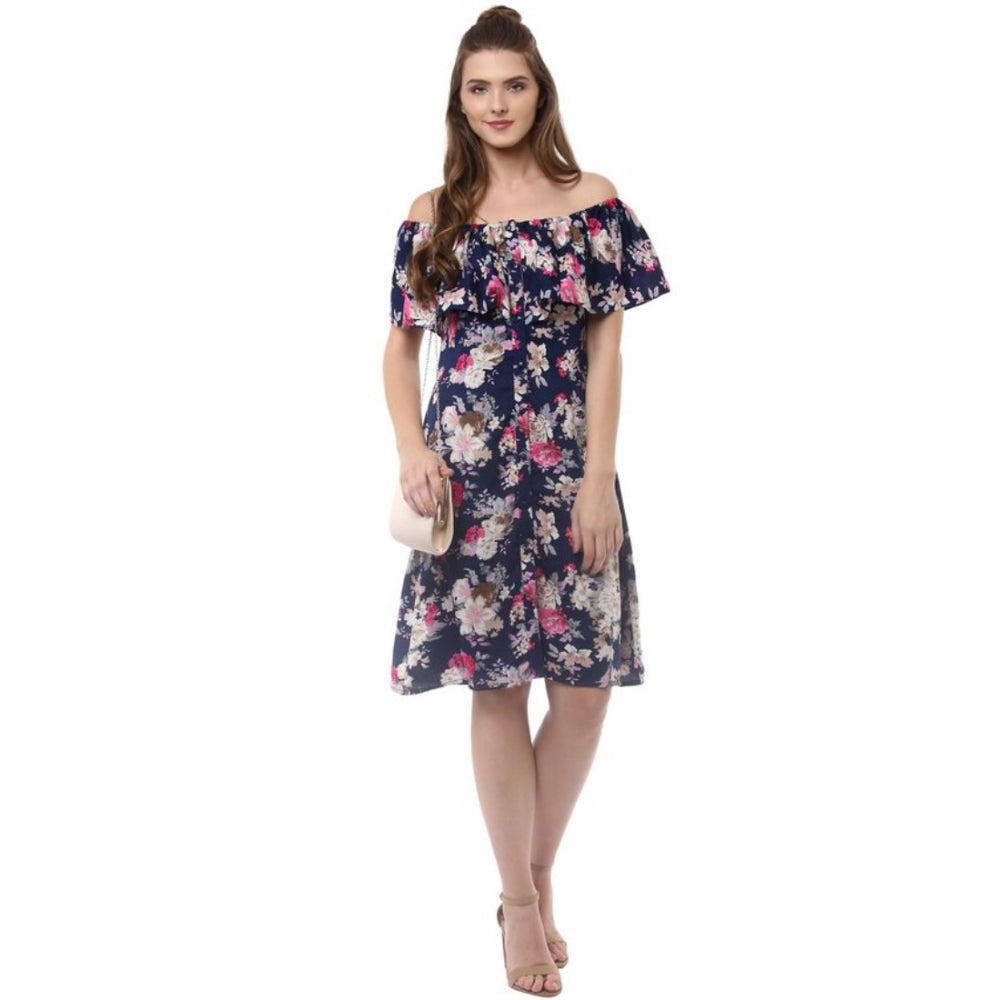 Seduva Women's Polyester Crepe Floral Half Sleeve Above Knee Dress (Navy Blue)