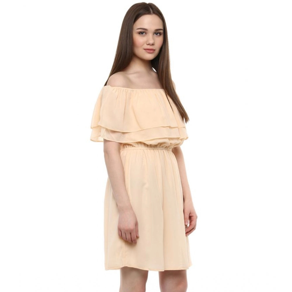 Seduva Women's Polyester Solid Sleeveless Knee-Length Dress (Beige)