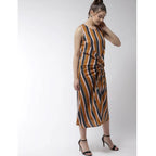 Seduva Women's Polyester Striped Sleeveless Below Knee Dress (Mustard)