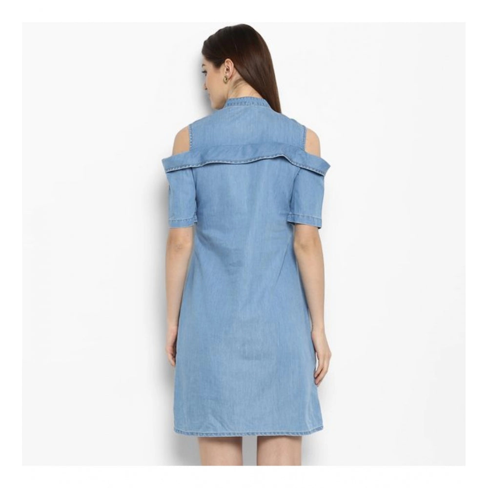 Seduva Women's Denim Solid Cold Shoulder Above Knee Dress (Blue)