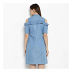 Seduva Women's Denim Solid Cold Shoulder Above Knee Dress (Blue)