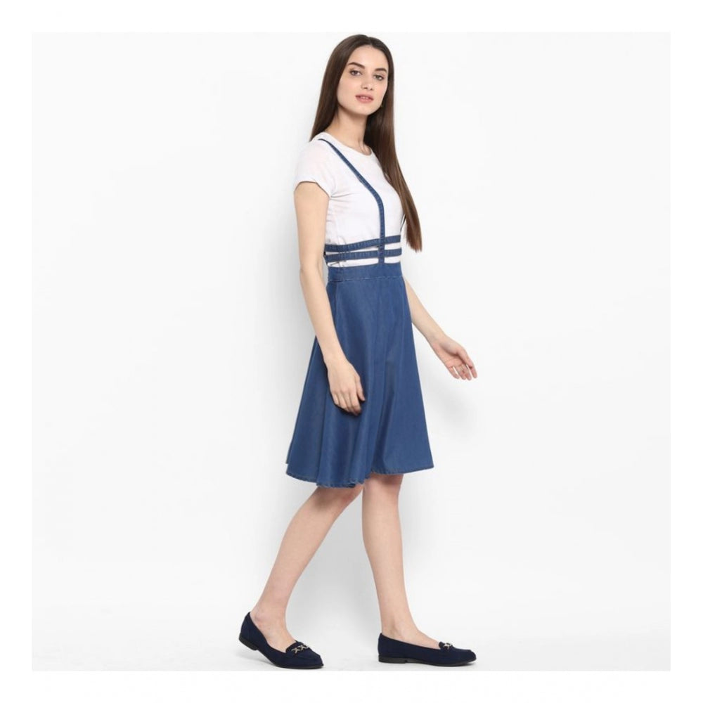 Seduva Women's Denim Solid Shoulder Straps Below Knee Dress (Blue)