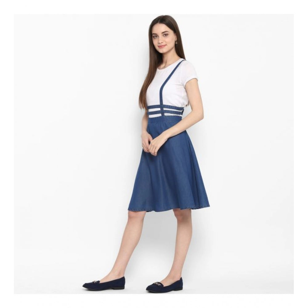 Seduva Women's Denim Solid Shoulder Straps Below Knee Dress (Blue)