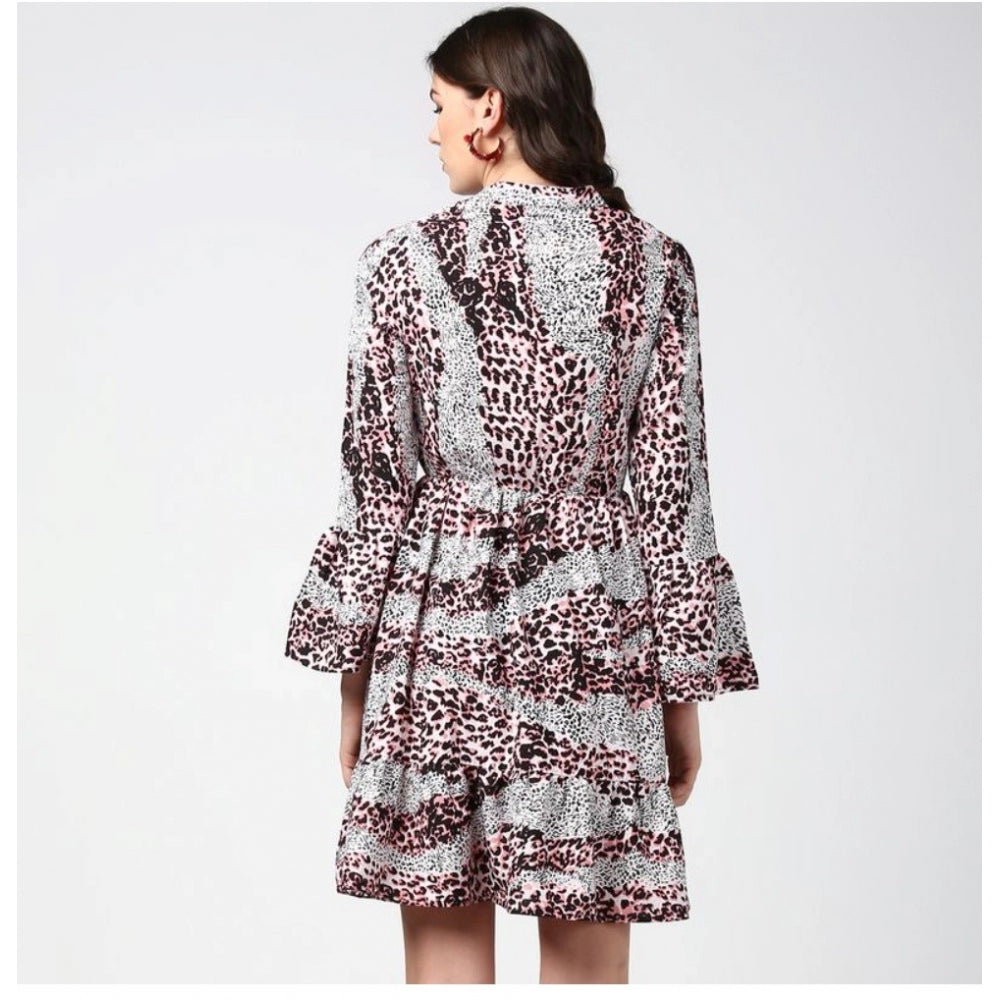 Seduva Women's Polyester Animal Print Bell Sleeve Above Knee Dress (Pink - Black)