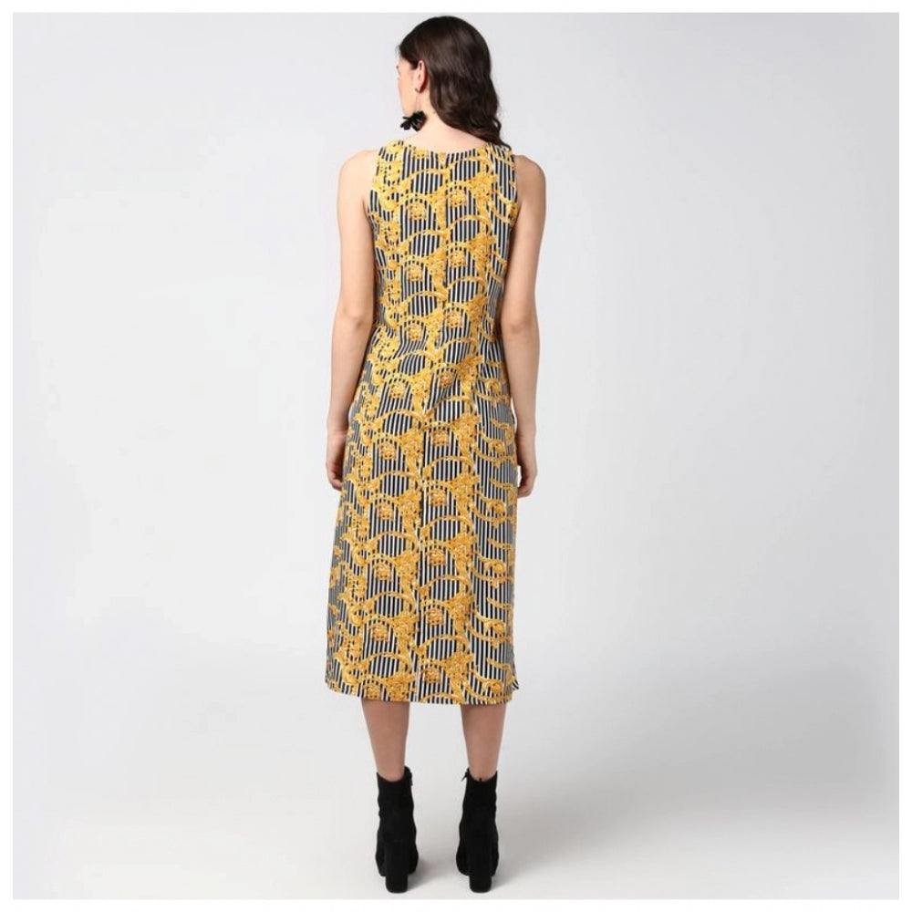 Seduva Women's Polyester Chain Print Sleeveless Below Knee Dress (Yellow - Black)
