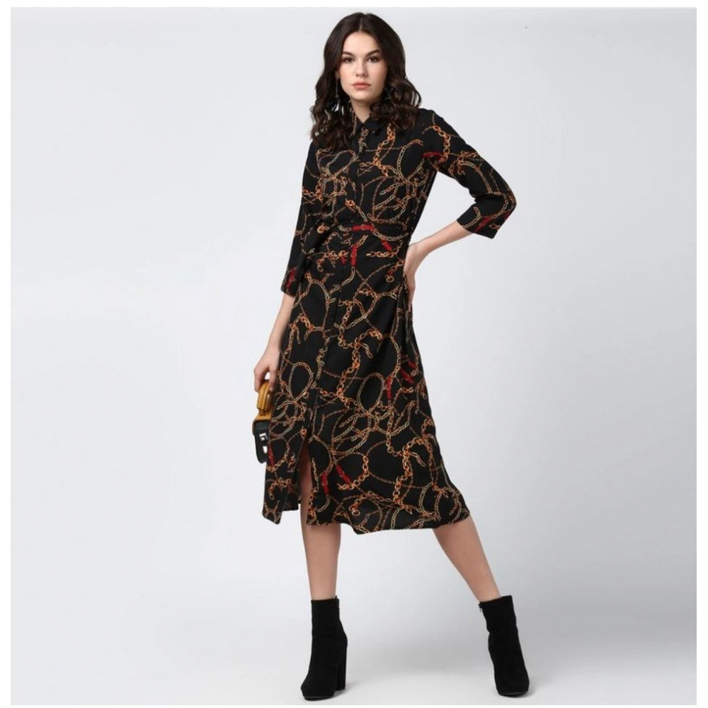 Seduva Women's Polyester Chain Print Roll Up Sleeve Below Knee Dress (Black - Yellow)