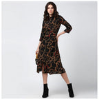 Seduva Women's Polyester Chain Print Roll Up Sleeve Below Knee Dress (Black - Yellow)
