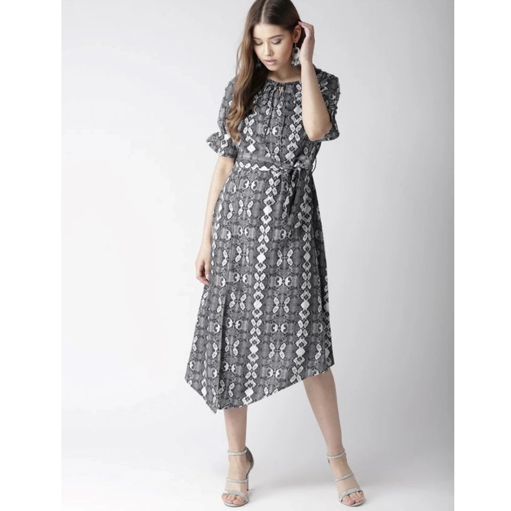 Seduva Women's Polyester Animal Print Short Sleeve Knee-Length Dress (Black - White)